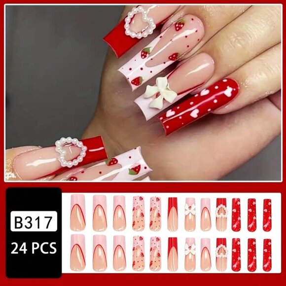 Nails Heart 3D Charm Bow Press On Style 24 Fake Glam Trendy Stylish Strawberries - Picture 2 of 5